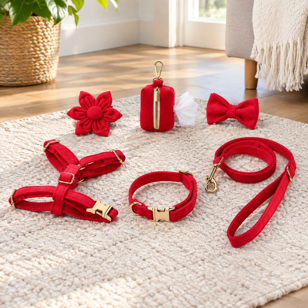 Pawsome Pets New York ENSEMBLE FLORAL STEP IN - ROUGE (6 pièces) — Colliers, laisses et harnais