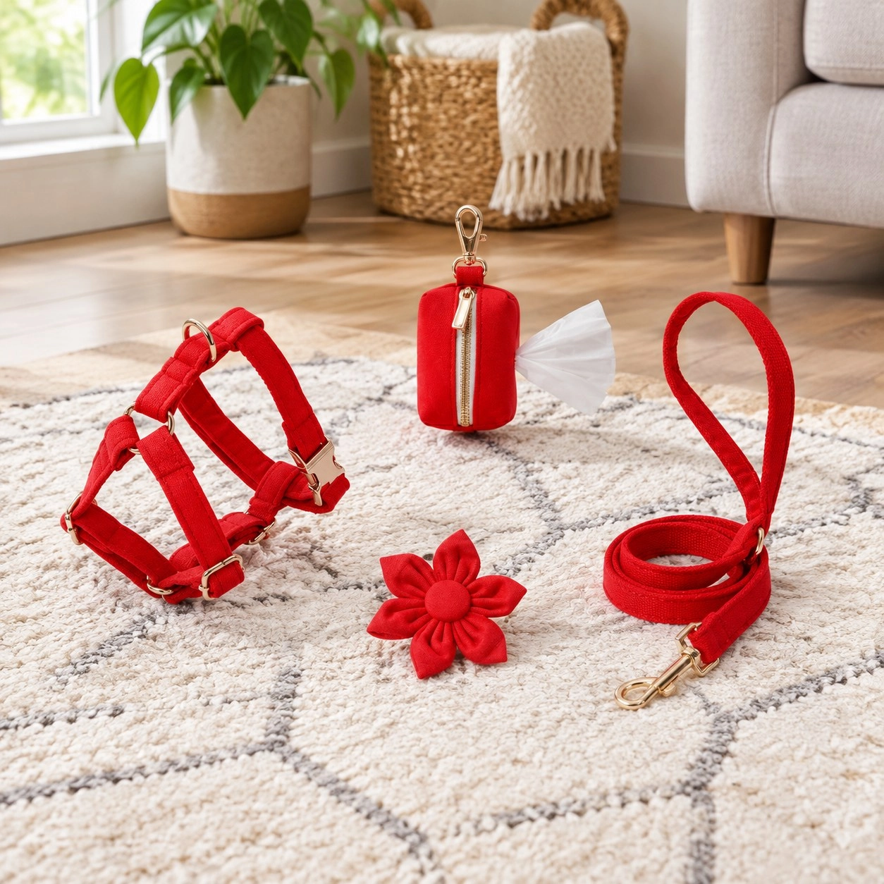 Pawsome Pets New York ENSEMBLE FLORAL STEP IN - ROUGE (4 pièces) — Colliers, laisses et harnais