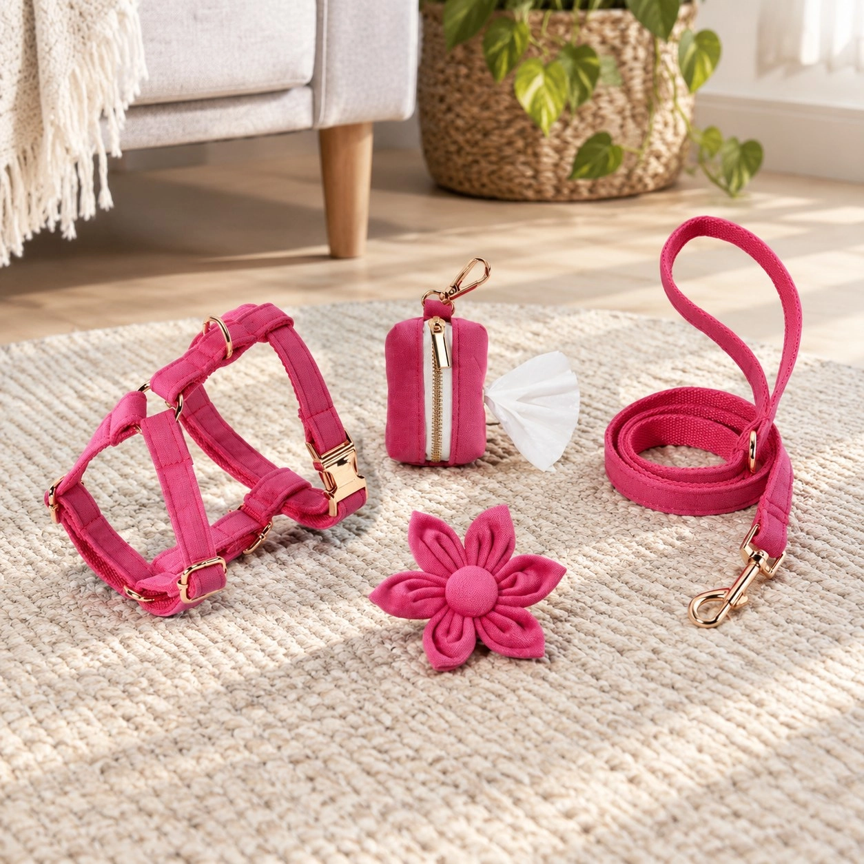 Pawsome Pets New York ENSEMBLE FLORAL STEP IN - ROSE PINK (4 pièces) — Colliers, laisses et harnais