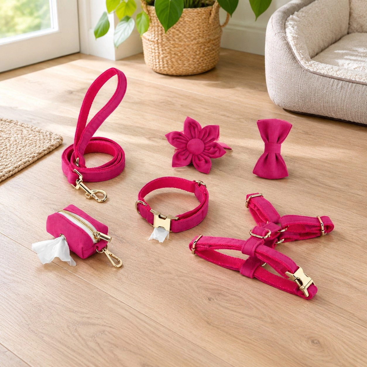 Pawsome Pets New York ENSEMBLE FLORAL STEP IN - ROSE PINK (6 pièces) — Colliers, laisses et harnais