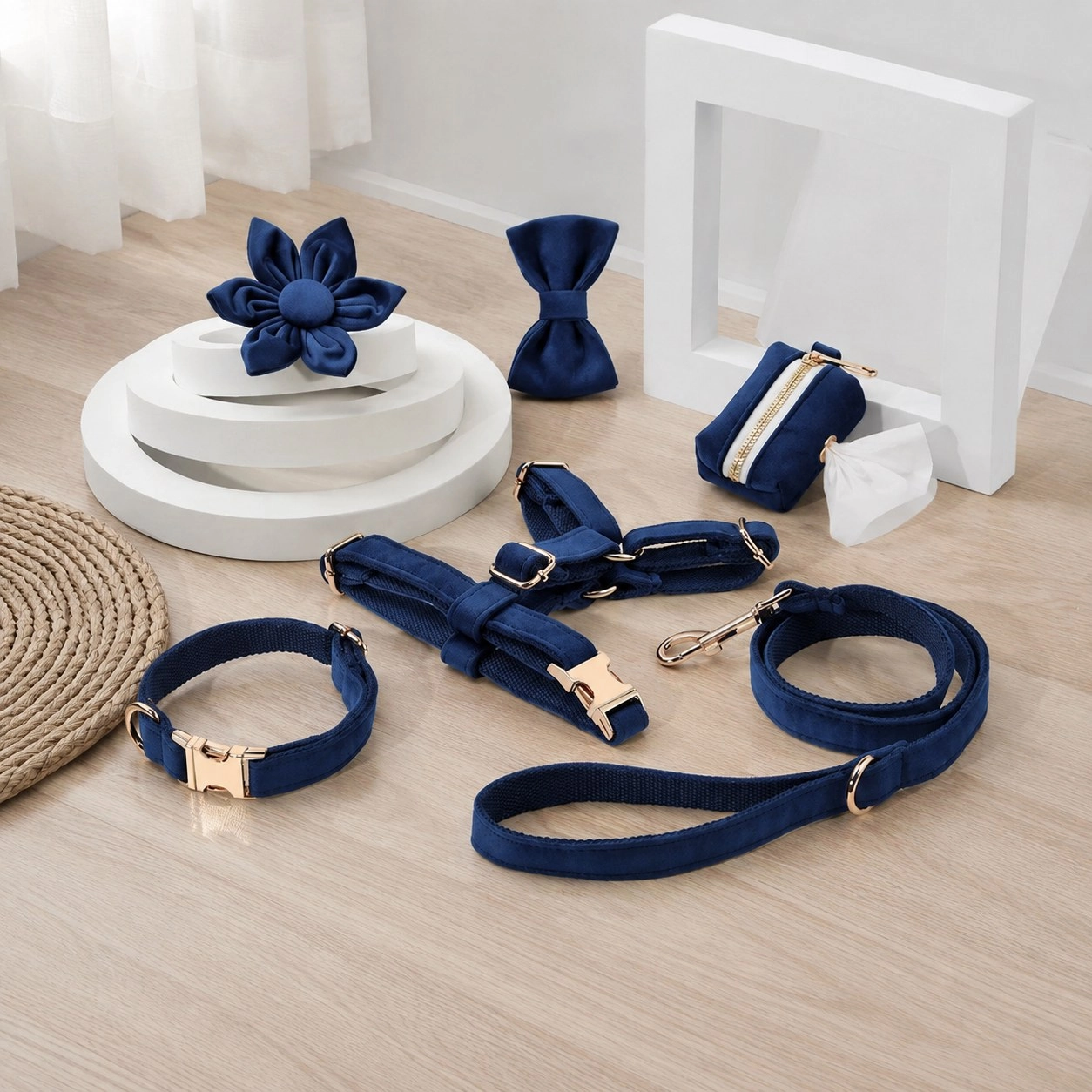 Pawsome Pets New York ENSEMBLE FLORAL STEP IN - BLEU ROYAL (6 pièces) — Colliers, laisses et harnais