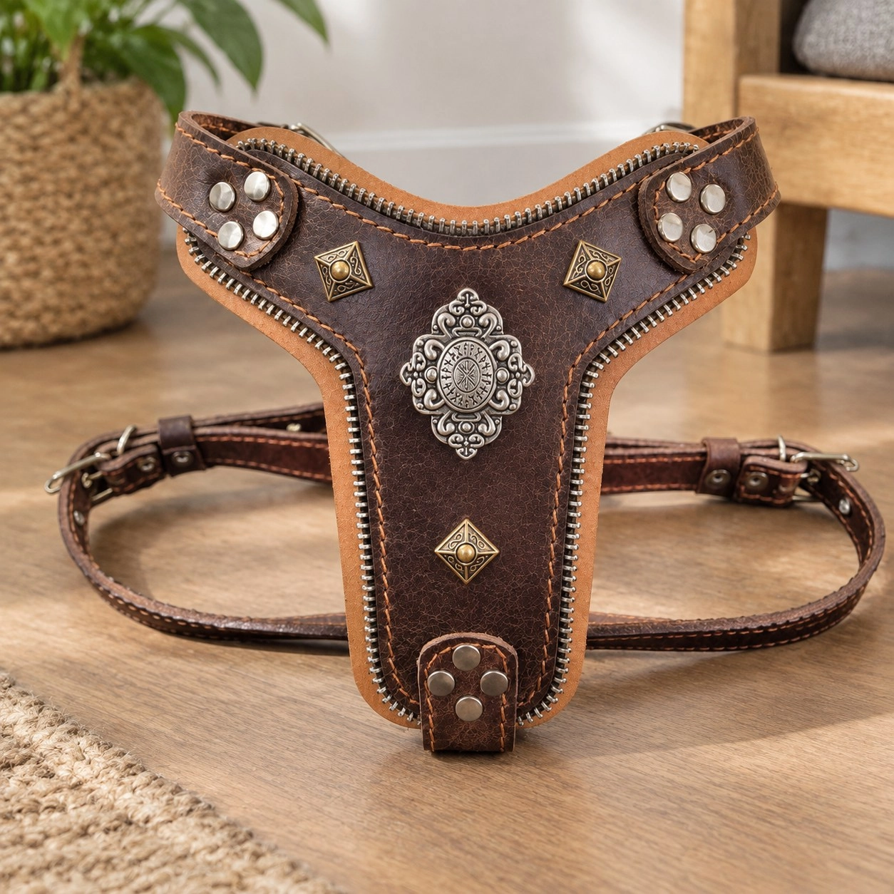 Bestia Le harnais « Aztec » Marron Taille Petite à Moyenne — Colliers, laisses et harnais