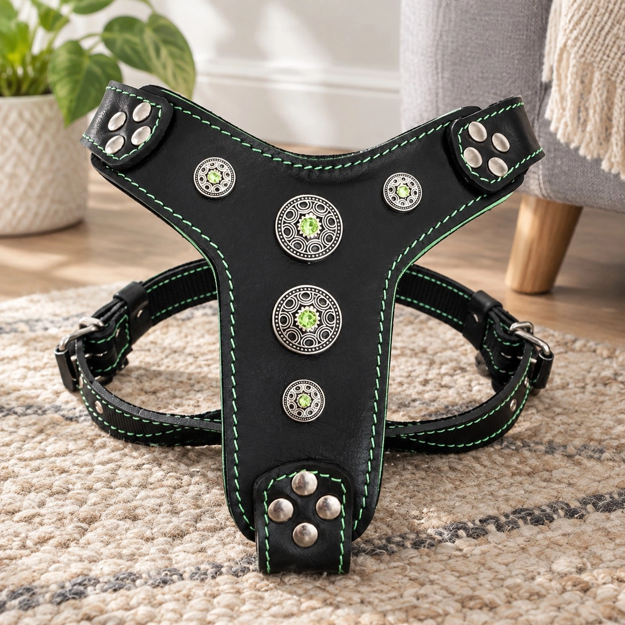 Bestia Le harnais « Bijou » Noir & Vert Taille Petite à Moyenne — Colliers, laisses et harnais