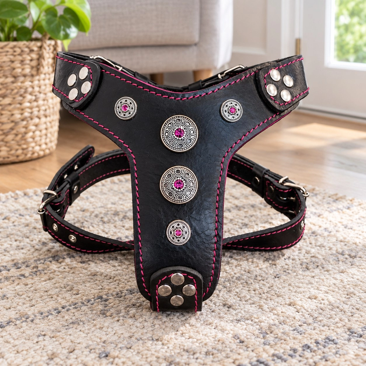 Bestia Le harnais "Bijou" Noir & Rose Taille Petite à Moyenne — Colliers, laisses et harnais