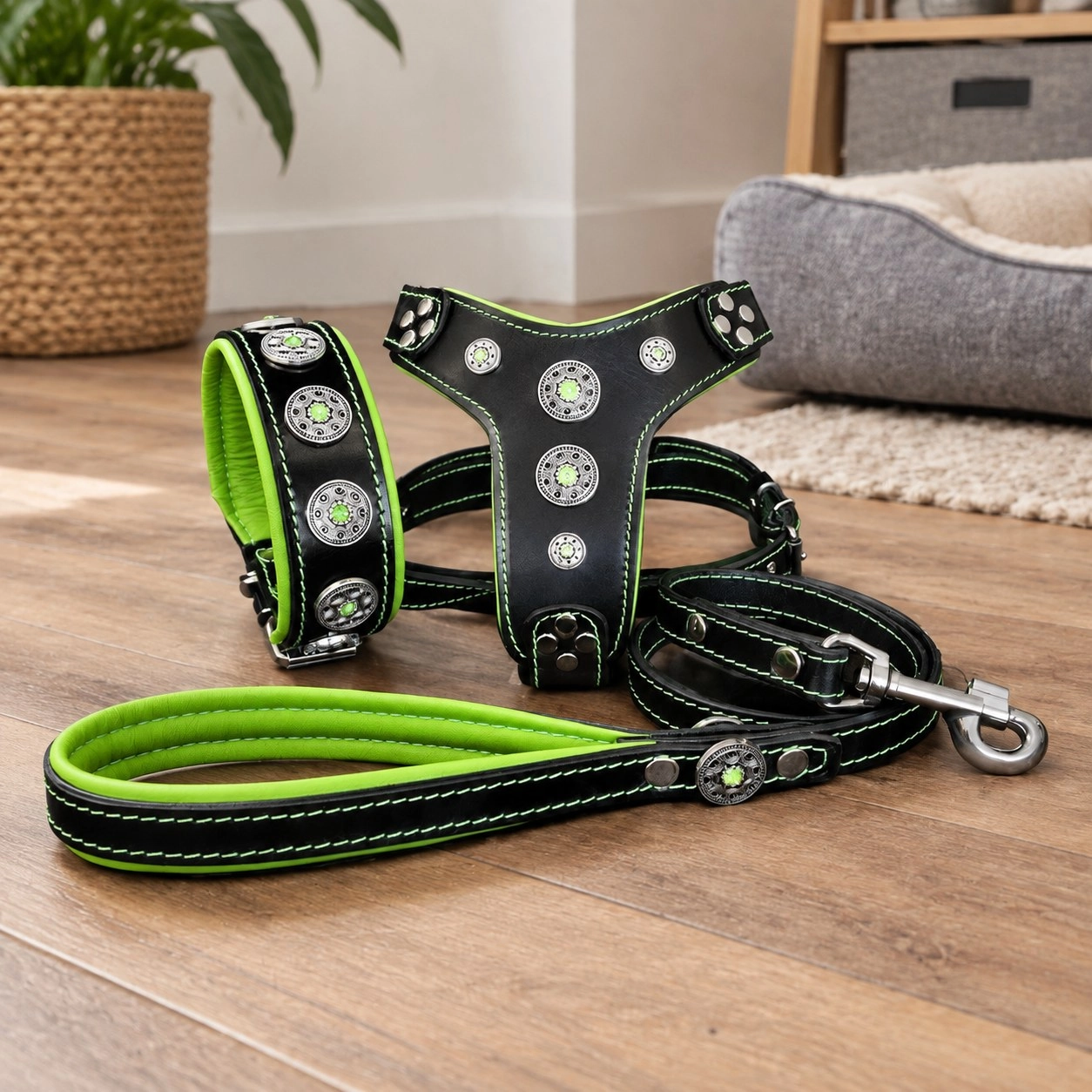 Bestia Le SET "Bijou" - Collier, Harnais, Laisse. Vert