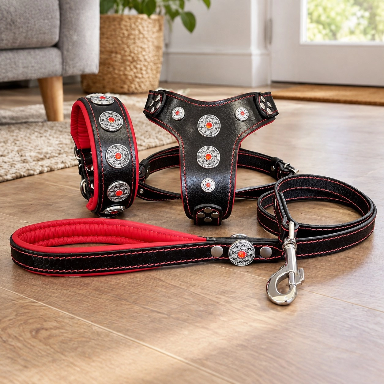 Bestia Le SET "Bijou" - Collier, Harnais, Laisse. Rouge