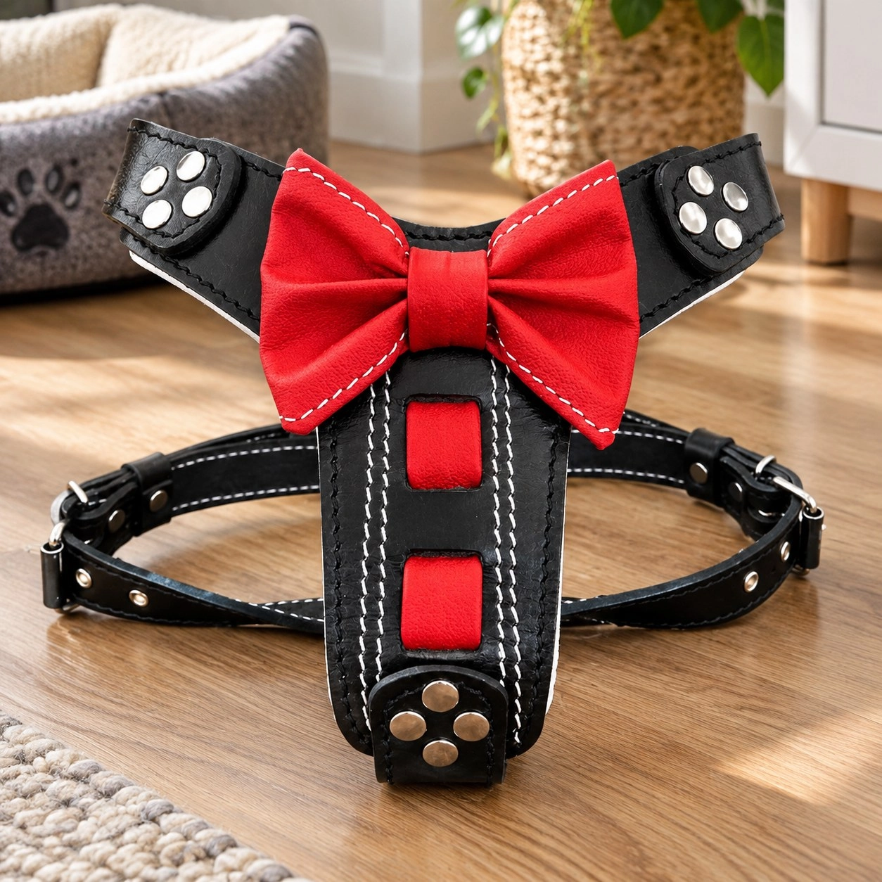 Bestia Harnais en cuir fait main "Bowtie" noir Taille Petite à Moyenne — Colliers, laisses et harnais