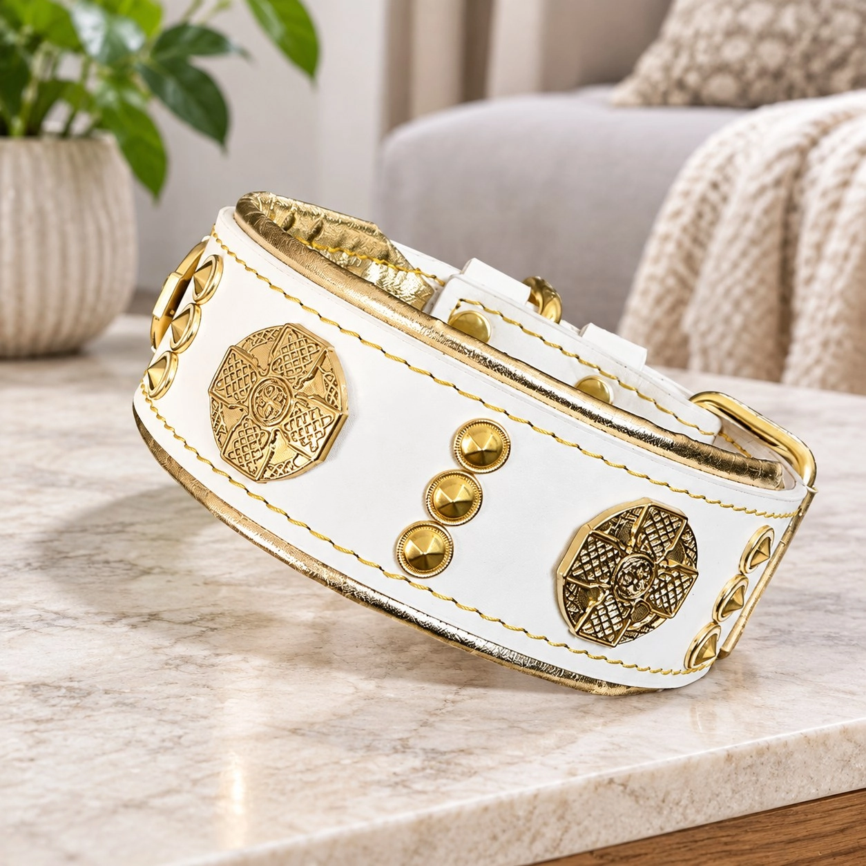 Bestia Le collier "Maximus" de 2 pouces de large blanc & or
