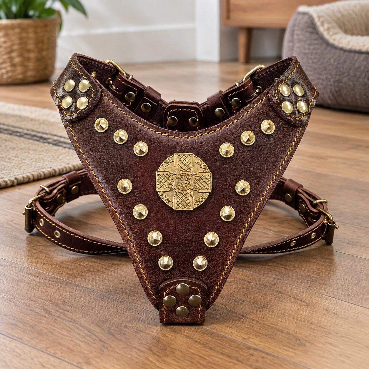 Bestia Le harnais « Maximus » Marron & Or Taille Petite à Moyenne — Colliers, laisses et harnais